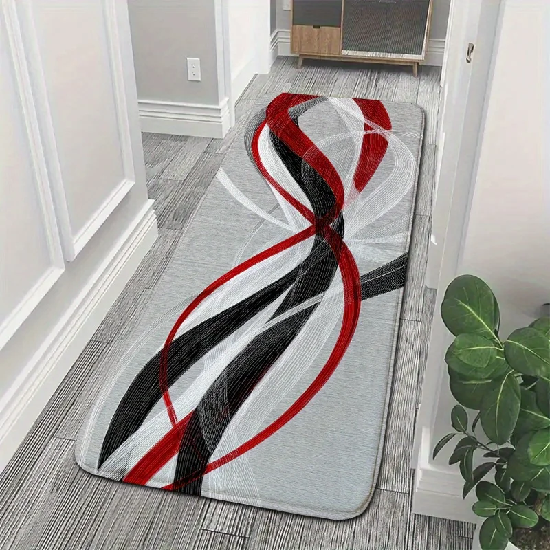 Modern Abstract Red Black Line Long Bathroom Runner Mat Anti Slip Water Absorbent Rug Swirl Art Decor Carpet for Shower Kitchen