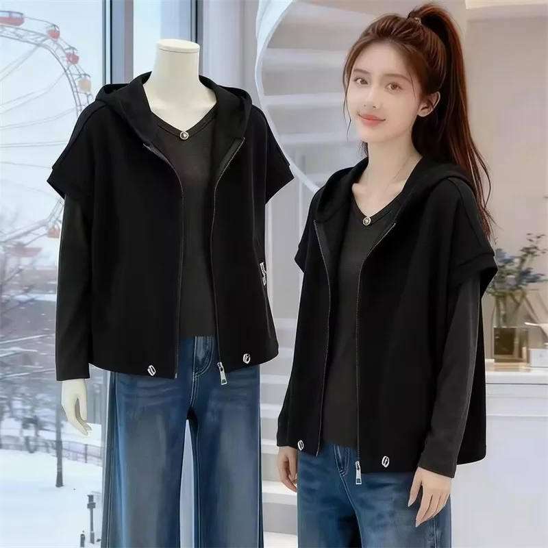 

Новая модная женская жилетка на молнии с капюшоном и декоративной строчкой, безрукавка, верхняя одежда, весна-осень 2026