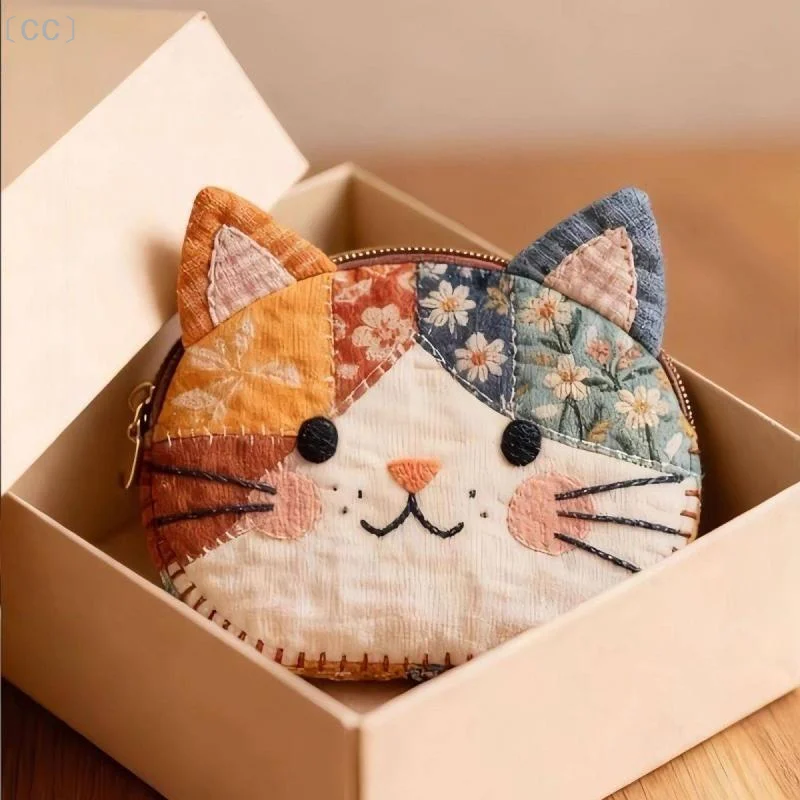 〔CC〕Lady's Cat-Shaped Coin Purse Handmade Patchwork Soft Cotton Small Wallet for Lipstick Keys Daily Commute Use〔88〕