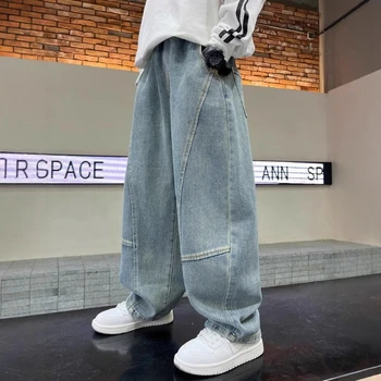 4-12Years Boys Jeans New Wide Straight Leg Denim Pant Children Spring Autumn Big Kids Handsome Cotton Sports Pants