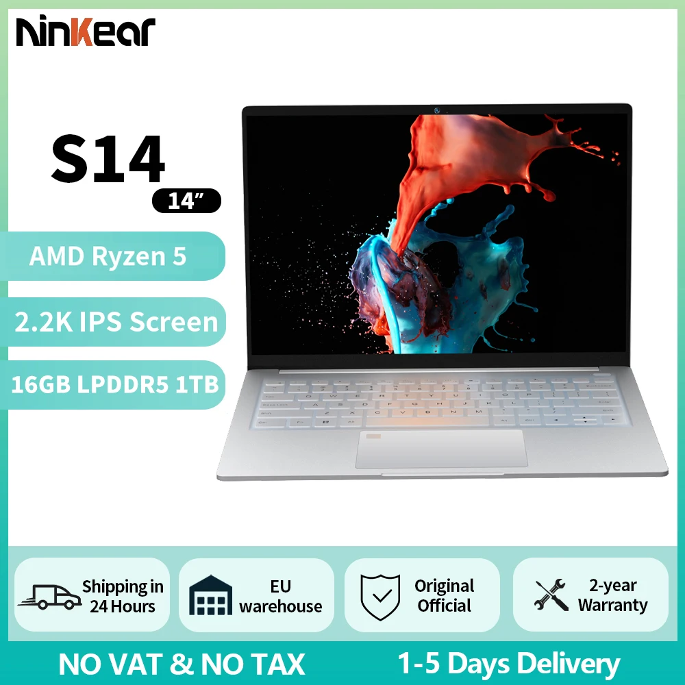 Ordinateur portable Ninkear S14 avec 1KG de poids AMD Ryzen 5 7530U 14 pouces 2.2K Windows 11 16GB LPDDR5 1 to SSD ordinateur portable de bureau type-c