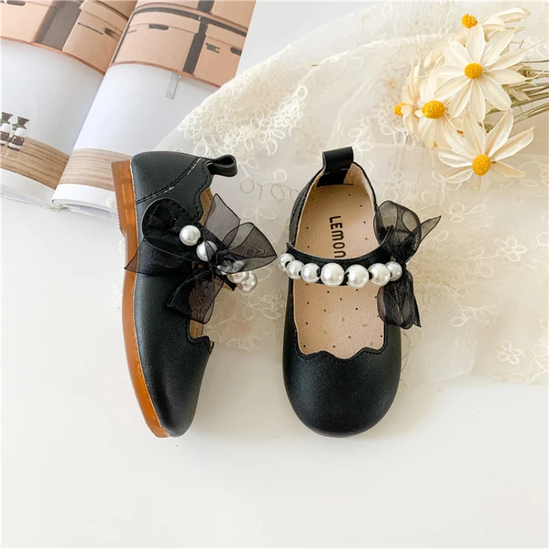 Autumn Girls Children Solid Leather Shoes Cute Pearl Mesh Lace Soft Sole Princess Shoes Newborn Kids Elegant Casual Dance Shoes