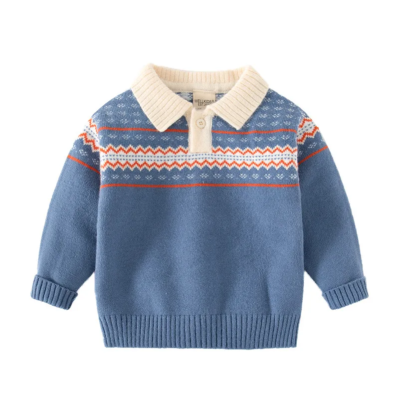 

0-7 years bous Blue Polo Sweaters Boys Toddler Pullover Children Knit Wear Cotton Kids Clothes to 1 2 3 4 5 6 7 years old