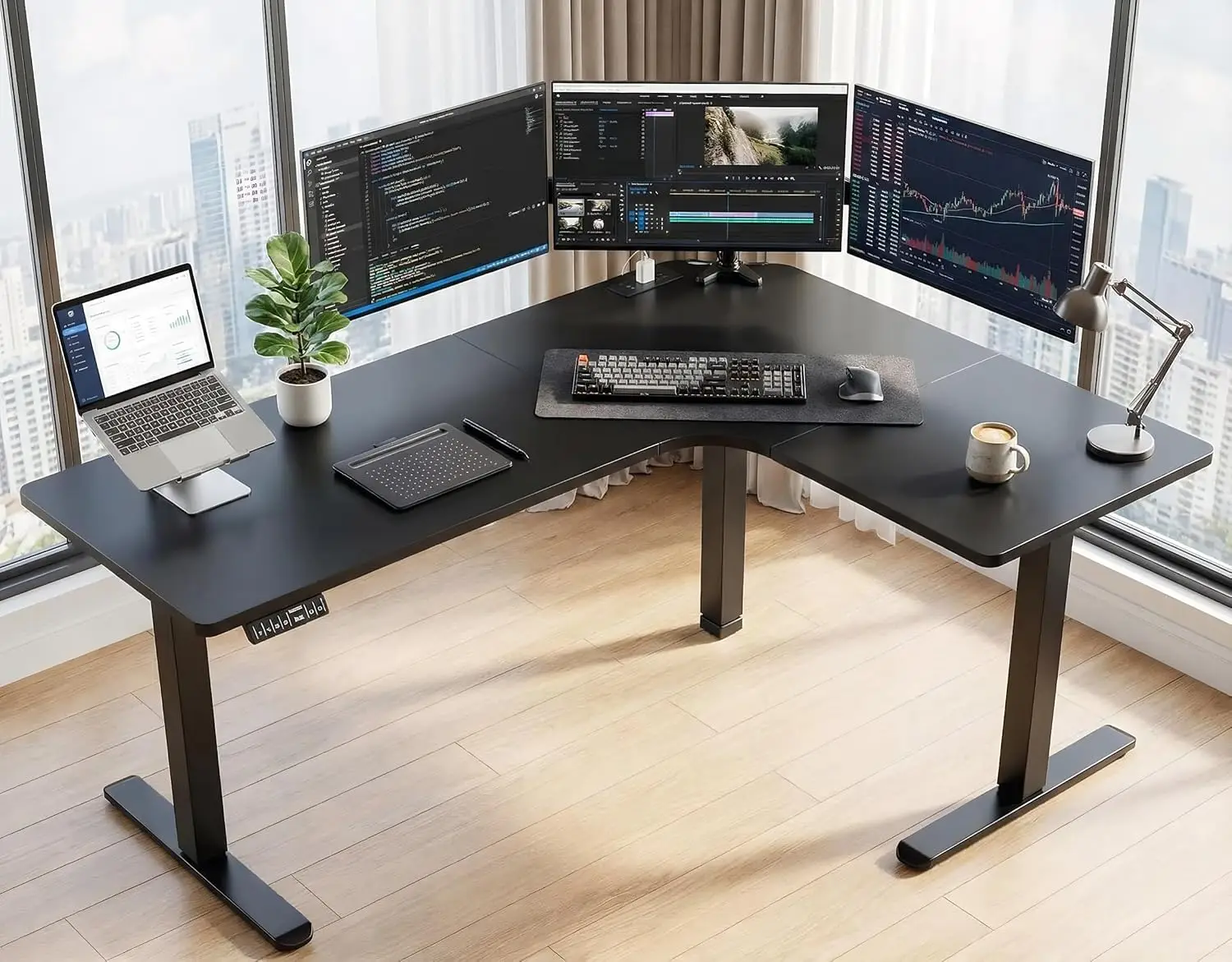 L-Shaped Standing Desk with Power Outlets & Memory Presets, Sturdy Steel Frame, 220 lbs Capacity, Cable Management, Customized