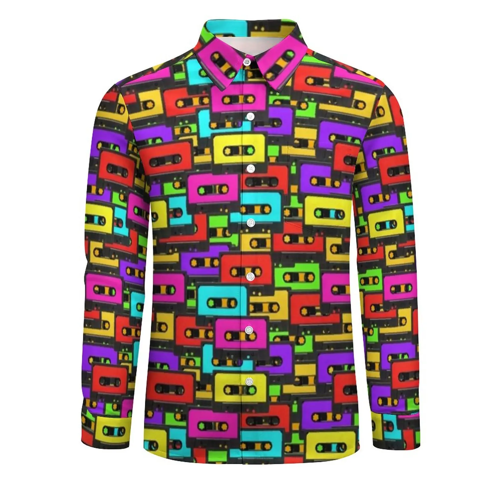 Music Casual Shirts Male Colorful 80s Audio Tapes Shirt Long Sleeve Fashion Y2K Blouses Autumn Design Clothing Big Size