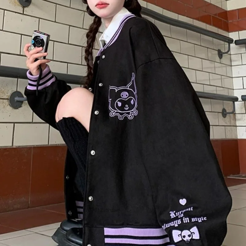 Sanrio Kuromi Loose Cardigan Shirt Women Cartoon Korean Fashion Jacket Spring Autumn Loose Tops Y2k Female Cute Black Thin Coat