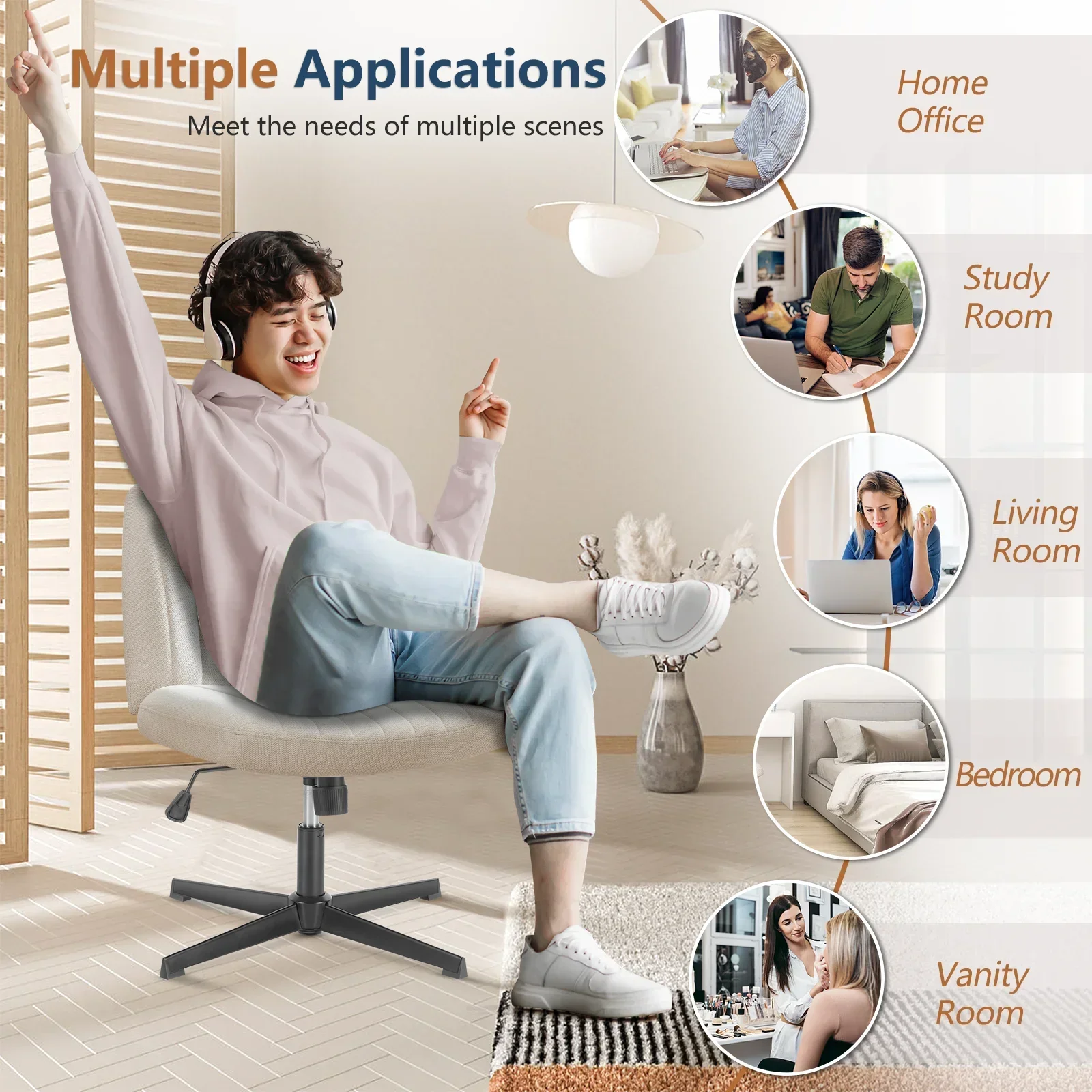 Cross Legged Office Living Room Rocking Gaming Chair Armless Wide Desk Adjustable Swivel Fabric Task Vanity Home Office