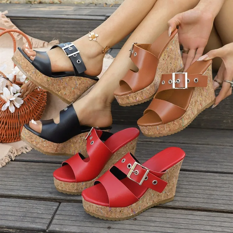 Casual Summer New Wedge Heel Women's Sandals 2026 Fashion Solid Buckle Strap Round Toe High Heel Women Shoes Босоножки Женские