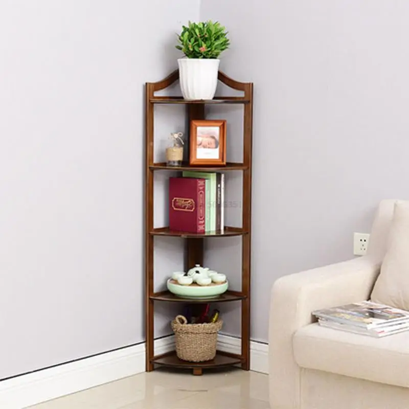 Natural Bamboo Triangle Floor Corner Shelf Storage Shelve Organizer Living Room Stand Shelf Rack Bookshelf Bookcase