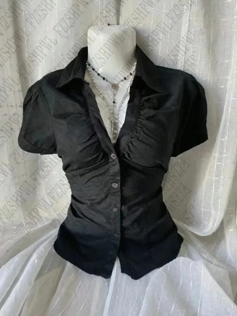 New Gothic Black Blouse Y2K Style Short Sleeve Slim Fit Button Up Shirt Harajuku Punk Grunge Aesthetic E-Girl Streetwear Tops