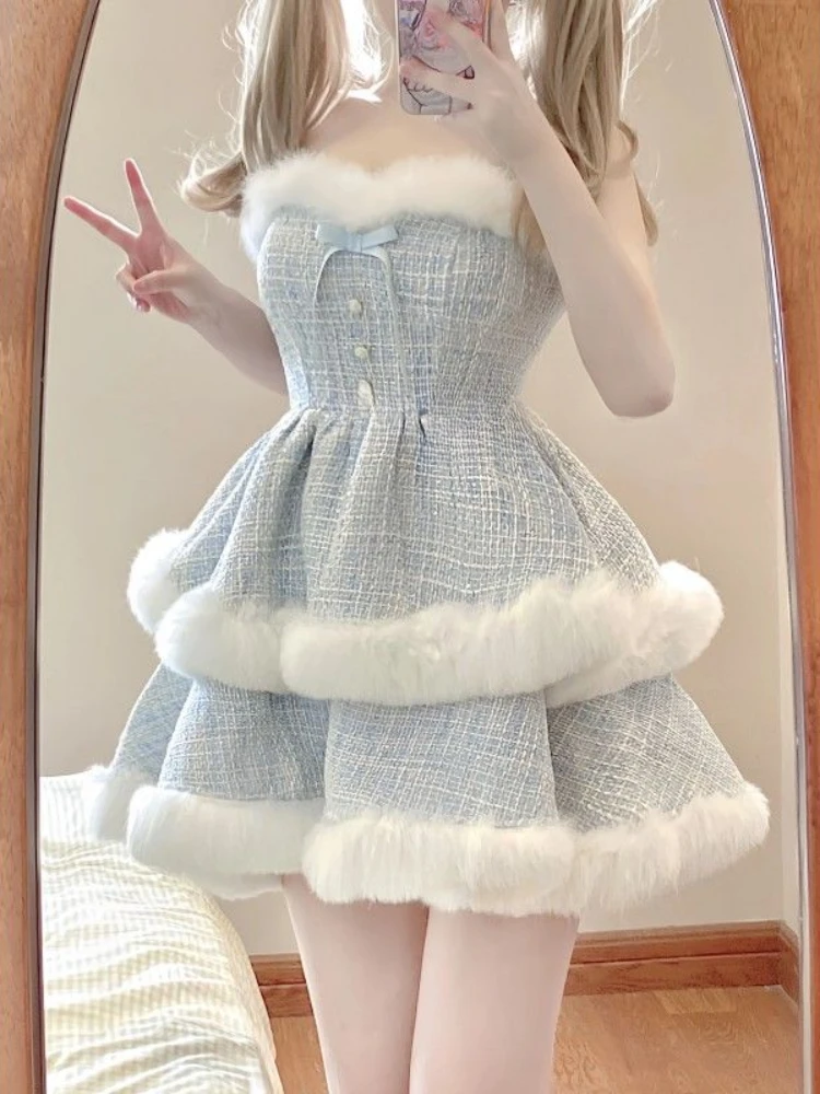 2023 Winter Kawaii Lolita 2 Piece Dress Set Sweet Short Coat Warm + Cute Fashion Y2k Mini Dress Party Japanese Style Suit Woman