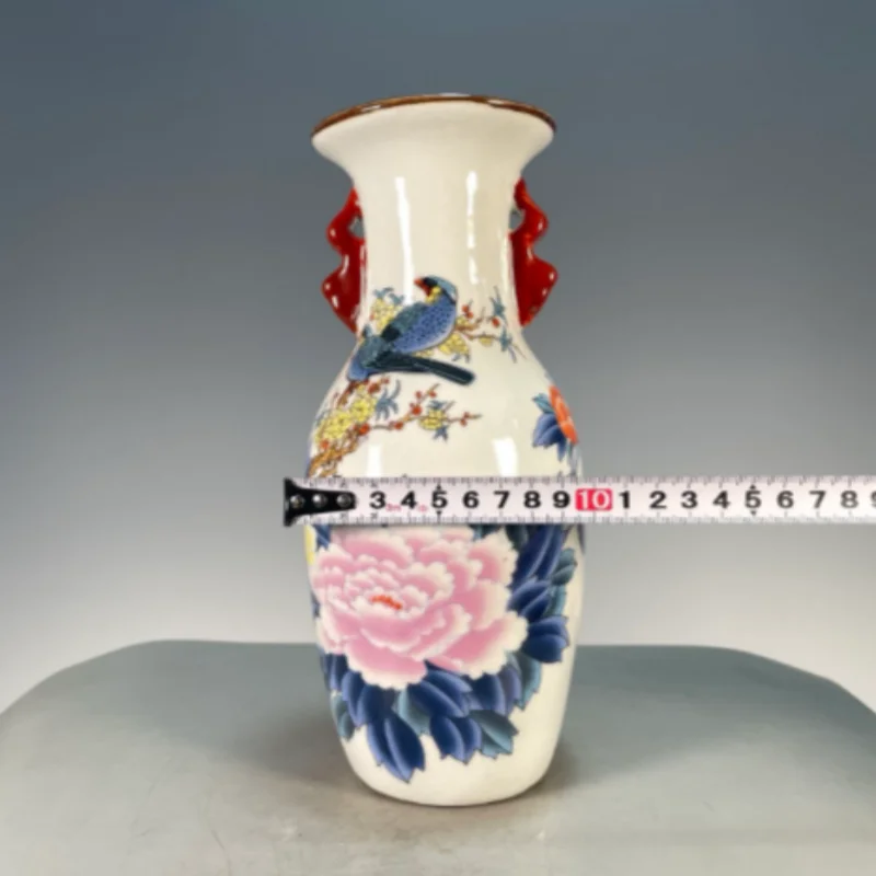 Antique Famille Rose Ceramic Peony & Bird Pattern Double-Ear Vase - Chinese Home Desktop Decor, Exquisite Collectible Ornament