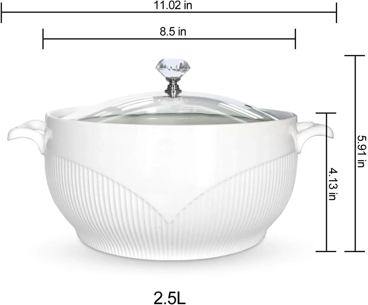 Ceramic Soup Tureen With Glass Lid Lovely Serving Tureens With Diamond Lid, White, Round (2.5L)