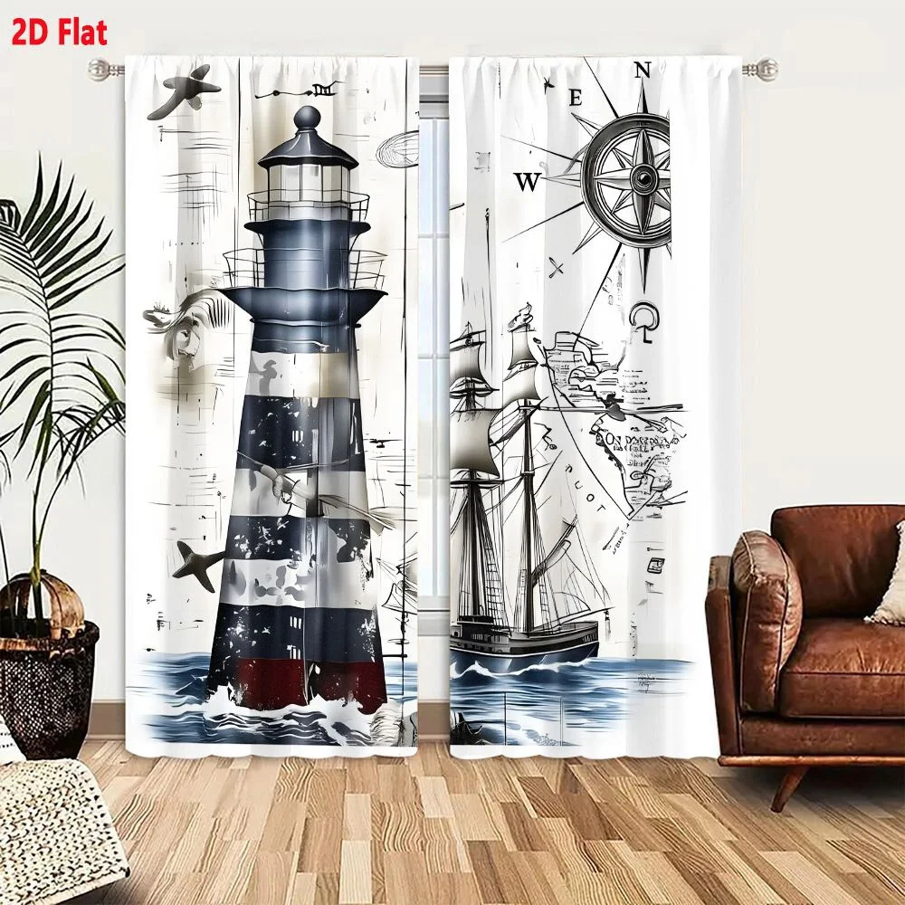 2Pcs Curtains Vintage Nautical Illustration Featuring A Striped Lighthouse And Sailing Ship On An Old Map Window Drapes for Bedr