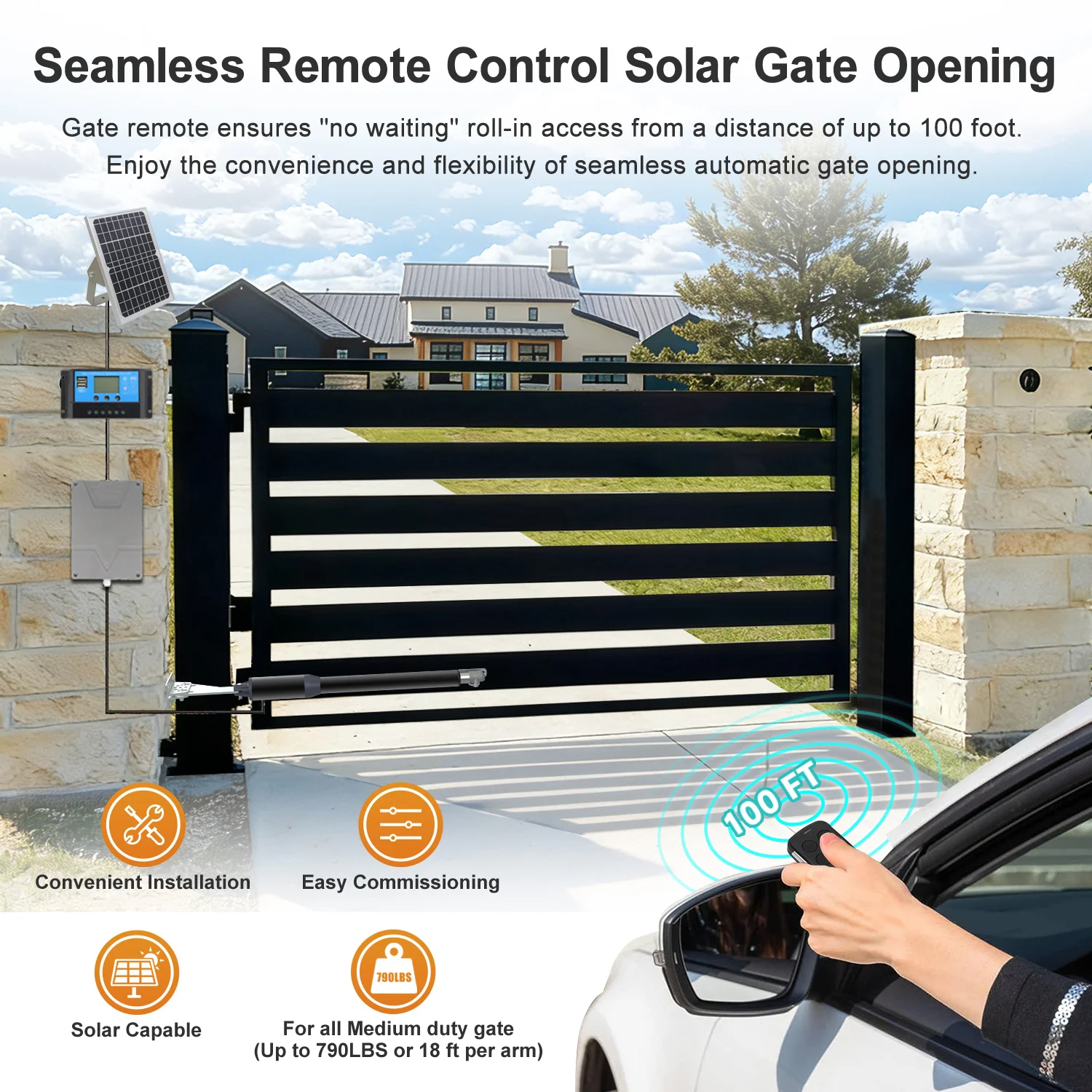 Complete Automatic Single Swing Gate Opener Kit with Remote. For Gates Up to 16ft, 440lbs. Medium Duty, 40W AC Powered.