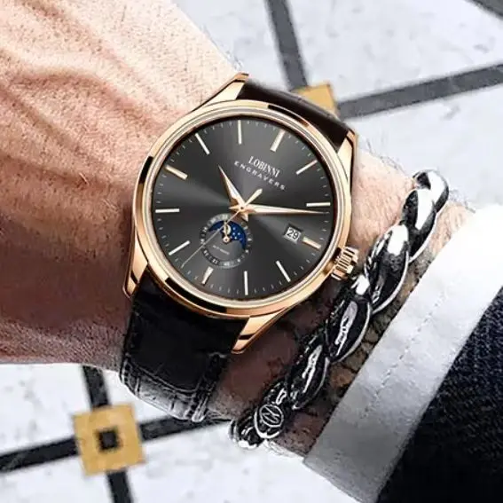 LOBINNI Men Automatic Watch 40.5mm Mechanical Wristwatch Waterproof Luminous Sapphire Mirror 24 Hour
