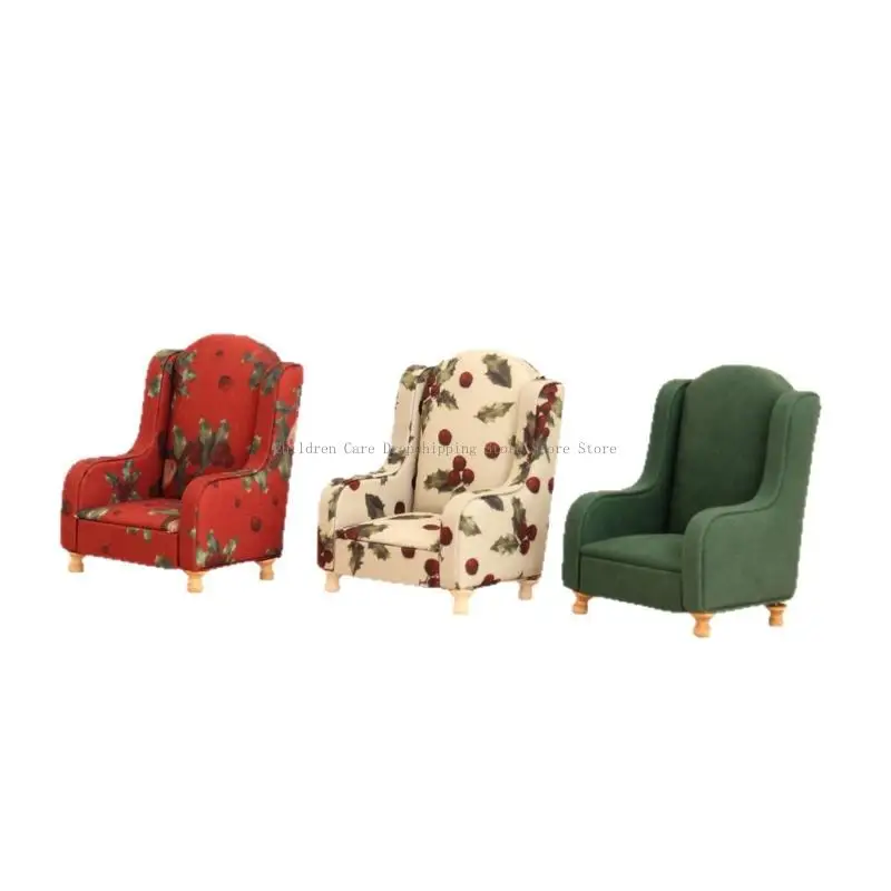 مجموعة أريكة بيت الدمية الواقعية، وسادة من القماش الزهري، قاعدة خشبية، كرسي بذراعين، نموذج تمثال 1/12، نموذج عرض المشروع #1