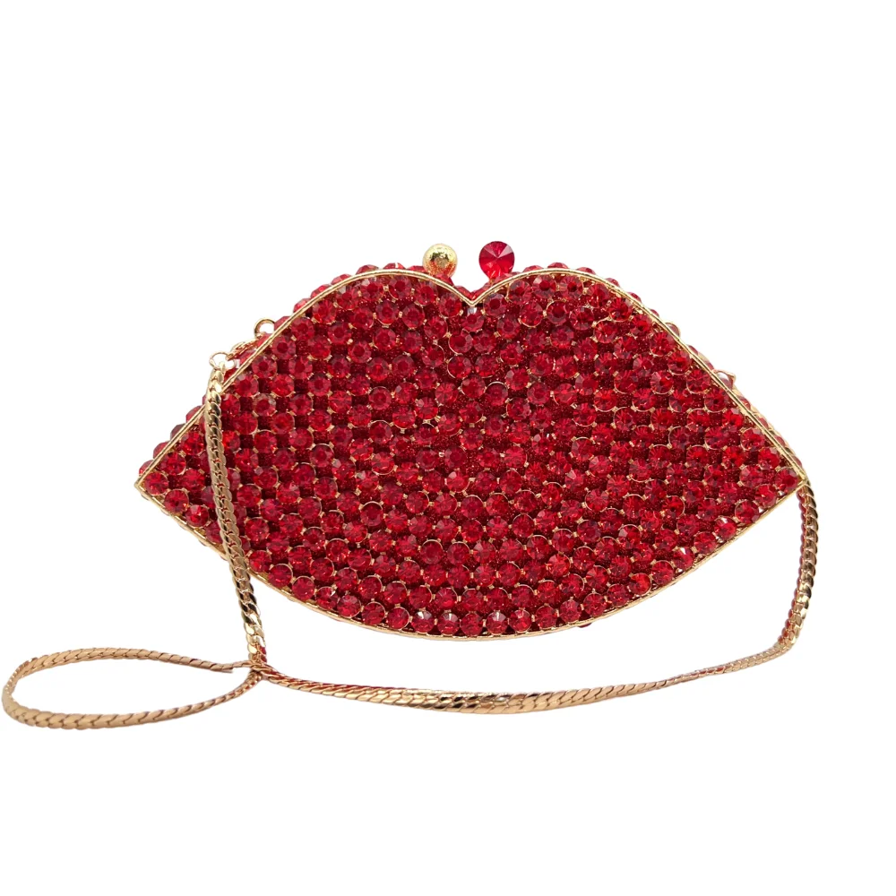 

High Quality Rhinestone Dumplings Shape Bright Red Gemstone Bag Hollow Crystal Clutch Bags for Ladies Wedding Party