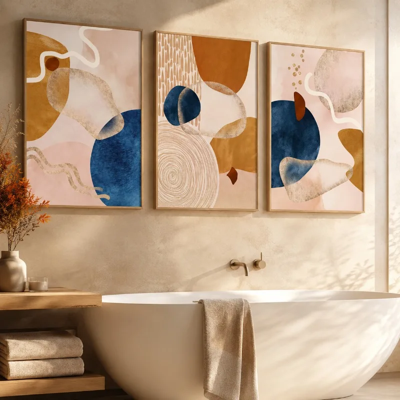 3PCS Minimalist Neutral Abstract Boho Canvas Painting, Navy Burnt Orange Geometric Prints, Suitable for Home Room Decoration