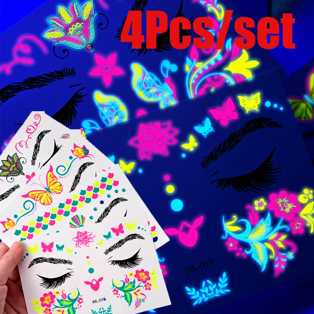 

4Pcs/set Halloween Luminous Temporary Tattoos Stickers 15x14cm Glow-In-Dark Flowers Face Slider DIY Body/Face Tattoo Party Decal