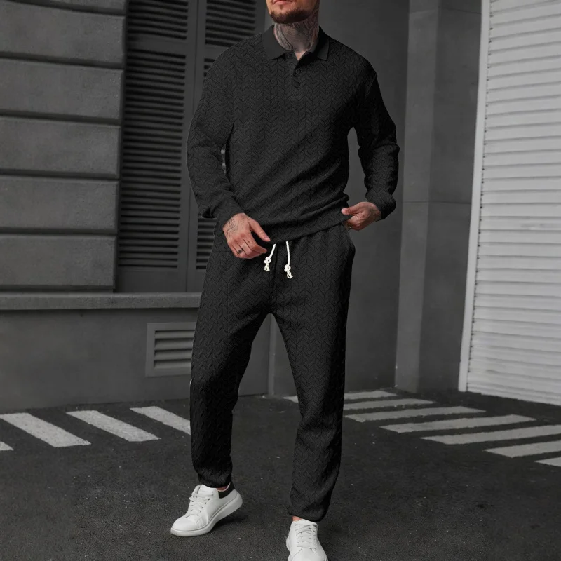 قميص بولو رياضي بأكمام طويلة للرجال من MenPOLOMEN مع نسيج أذن القمح وسروال طويل