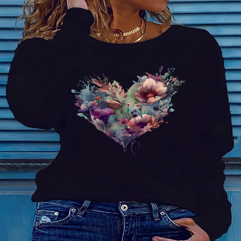 Black Printed Long Sleeve T Shirt Women Round Neck Casual Streetwear Top Plus Size M 3XL Fashionable Ladies Blouse Clothing