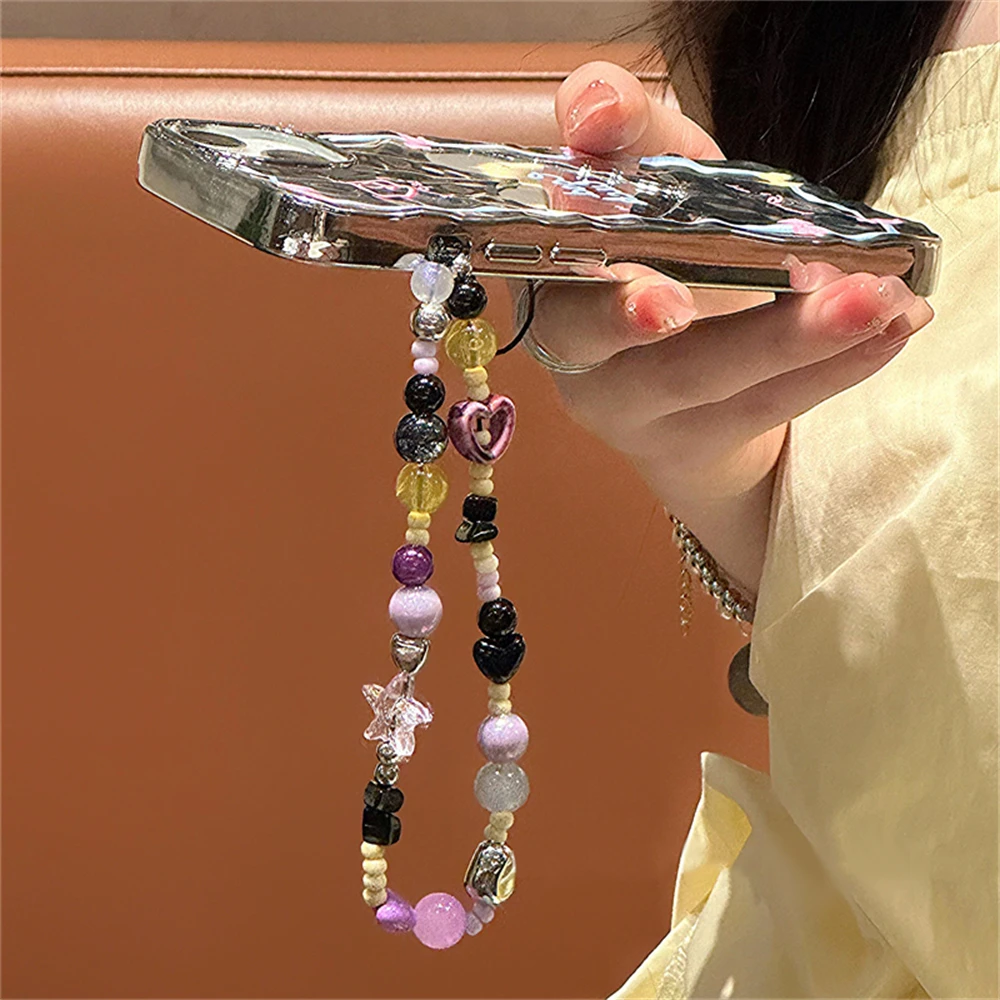 Korean Purple Heart Phone Chains Sliver Star Bead Lanyard Hanging Cord Bracelet Charm For iPhone Women Girls Dream Jewelry Strap