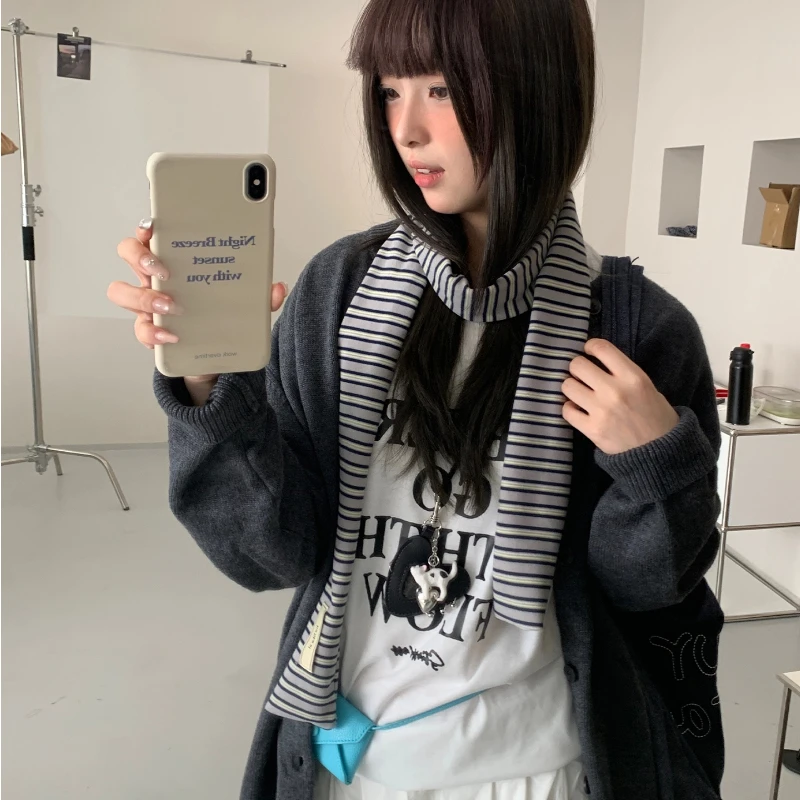 الكورية ضيق الأزرق والأبيض مخطط وشاح الرجعية الحلو وبارد فتاة الديكور وشاح المرأة الخريف الشتاء الدافئة تنوعا وشاح