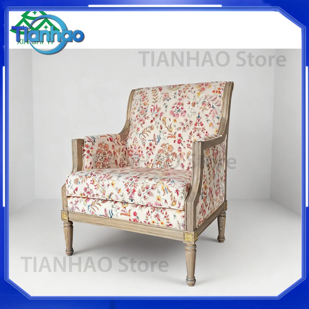 Vintage Style Carved Solid Wood Frame Hotel Sofa Chair with Patterned Fabric Cushions for Hotel Lobby Apartment Villa