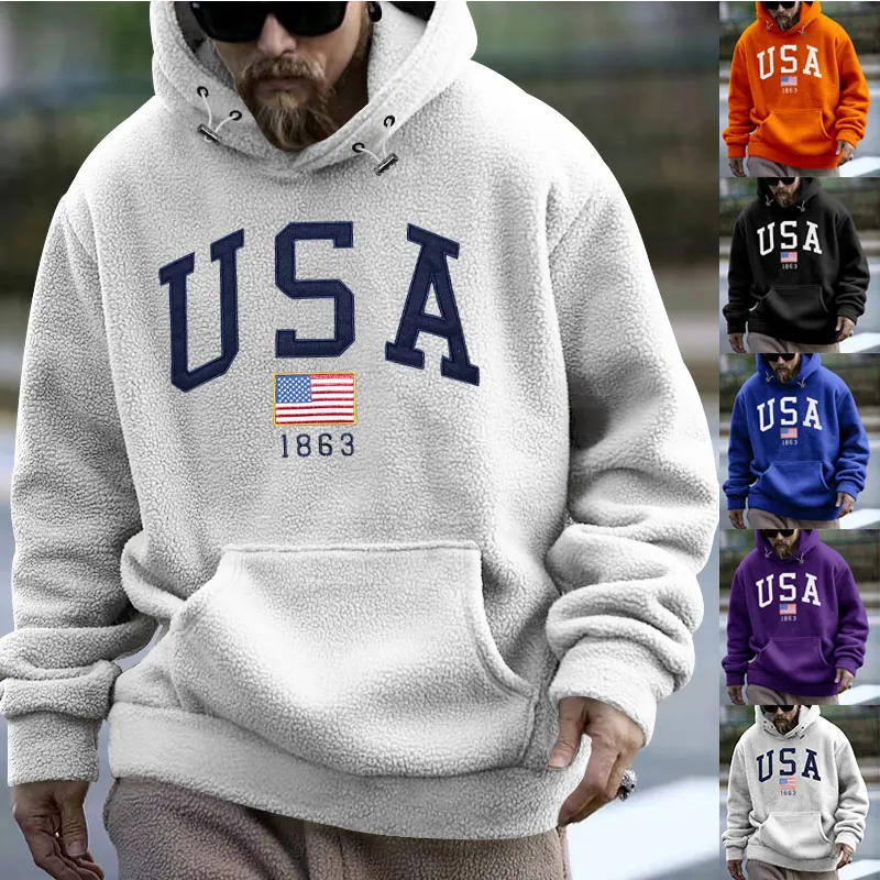 

2024 Pullover Sweater Men's Autumn and Winter Polar Fleece Thickened Warm Leisure Sports Embroidered Hoodie Men's Clothing