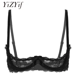 Women Sexy Bra See Through Sheer Lace Sexy Lingerie Adjustable Straps Open Cups Push Up Underwired Bra Tops Erotic Underwear