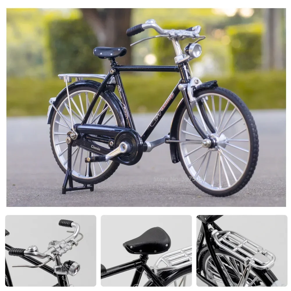 1:10 Scale Alloy Diecast Retro Bicycle Miniature Models Cars Toys Steerable Front Rubber Tires Bicycles Kids Children's Day Gift