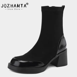 JOZHAMTA Size 34-39 Women Stretch Boots Real Leather Thick High Heels For Women Winter Shoes Elastic Platform Ladies Ankle Boots