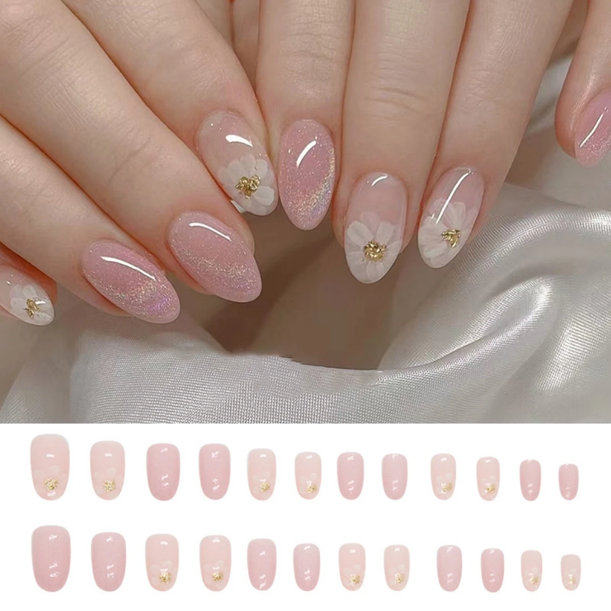 24Pcs/Set Simple Pink Wearing False Nail Tips Glitter Silver Powder Embellishment Acrylic Fake Nail Art Removable Press on Nails