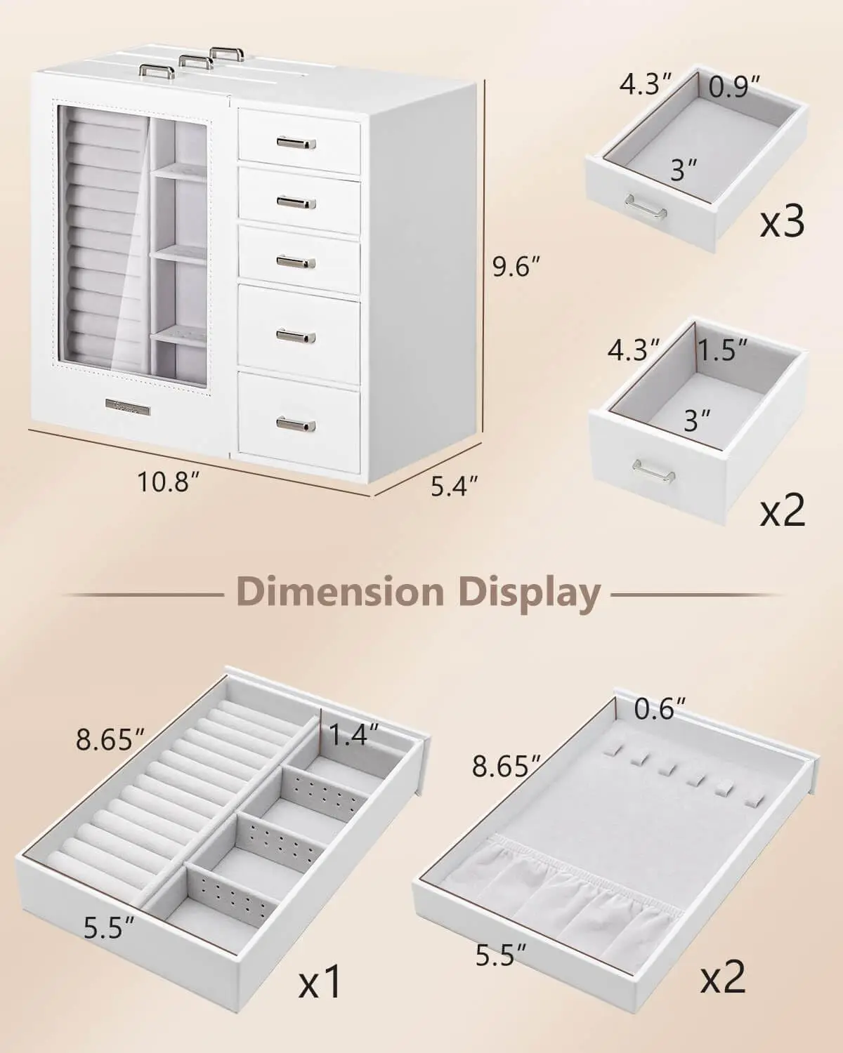 صندوق مجوهرات كبير/منظم/حافظة مع نافذة زجاجية، أدراج للقلائد والأقراط والخواتم والأساور والساعات هدية #6