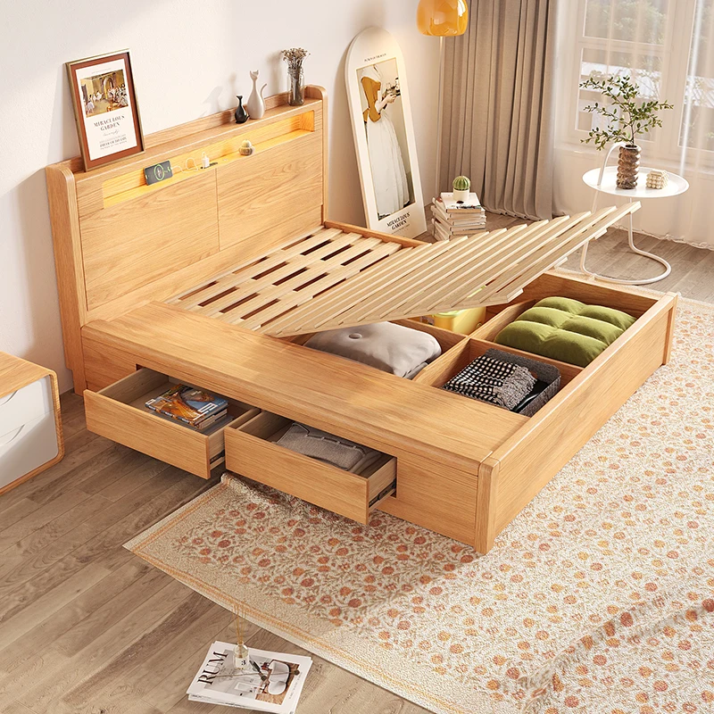 High box solid wood bed, storage box, double bed, small bedroom, tatami bed