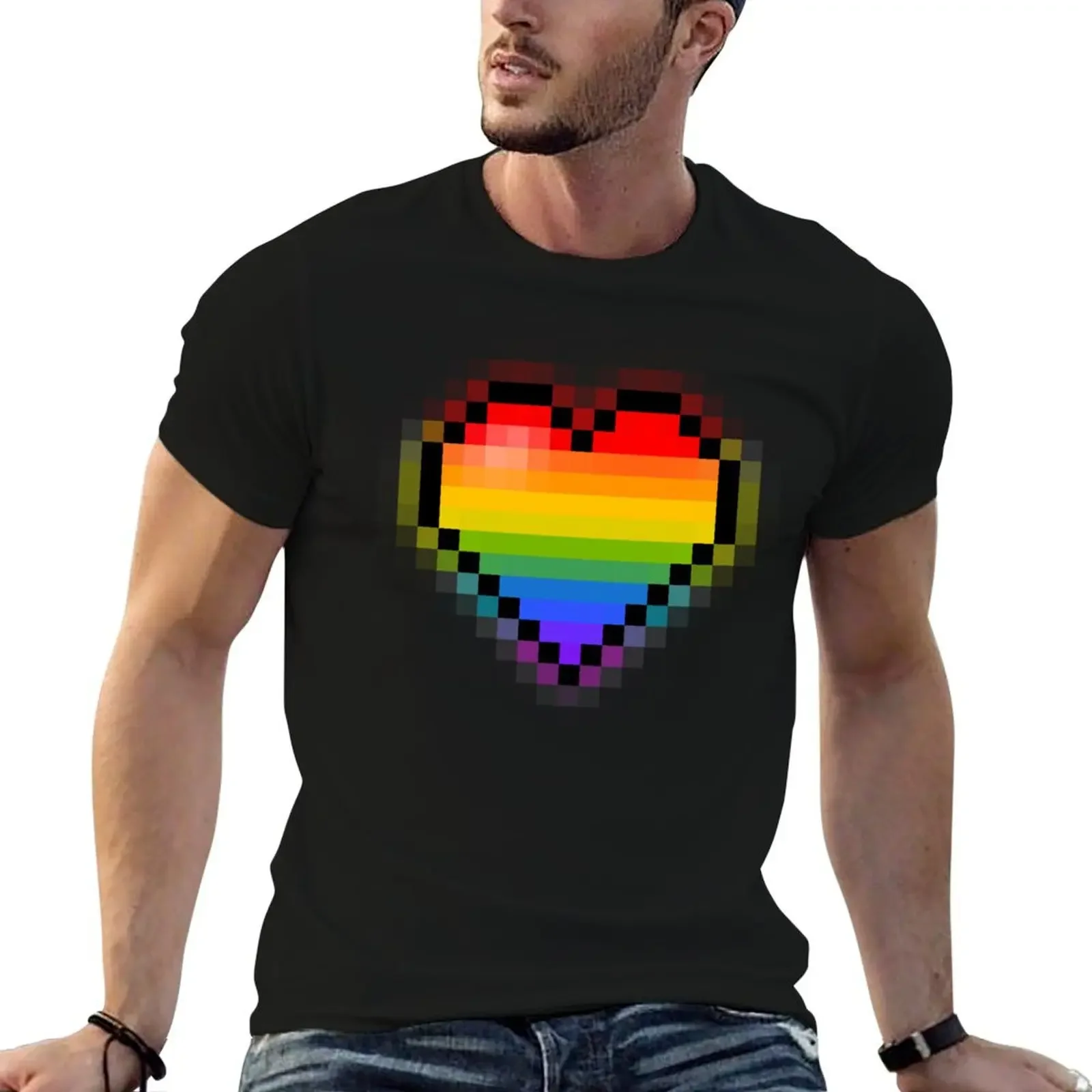 Pixel Art Rainbow Heart T-Shirt plus size tops man clothes blue archive mens graphic t-shirts hip hop