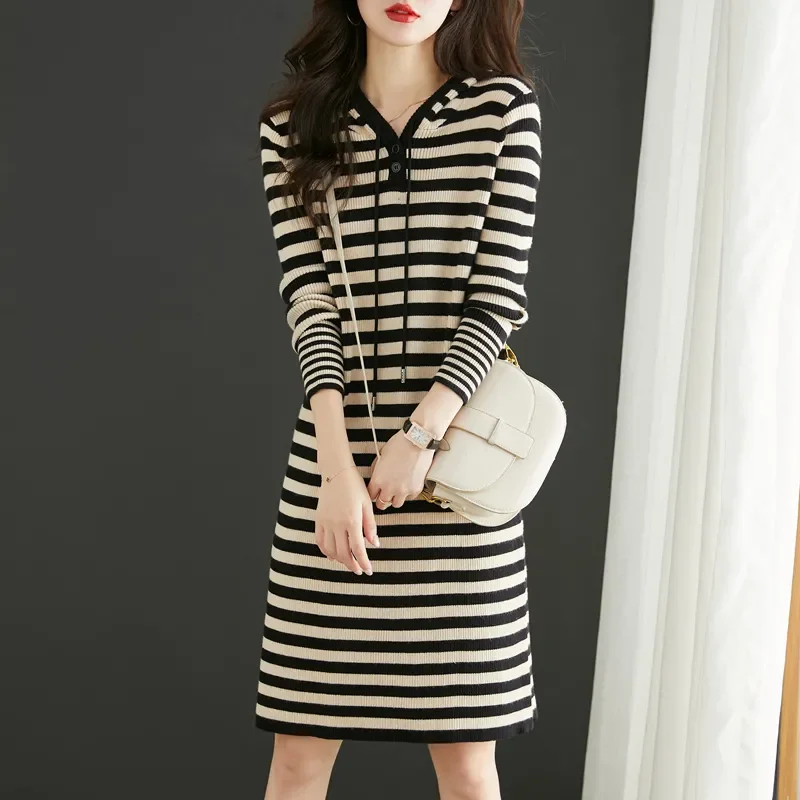 V Neck Striped Knit Dress With Buttons And Drawstring For Women Autumn Winter Casual Slim Fit Knee Length Pencil Dress