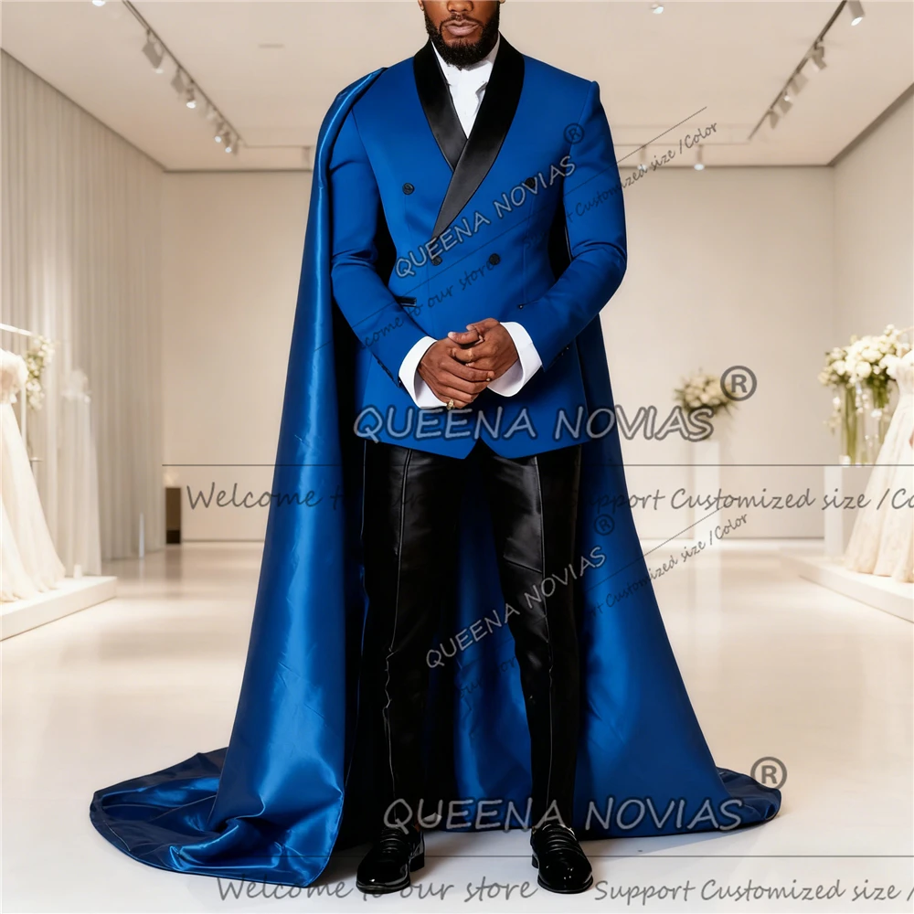 Smoking da sposo con risvolto in raso scintillante con mantello Giacca doppiopetto personalizzata Pantaloni da uomo Slim Trajes Para Hombre