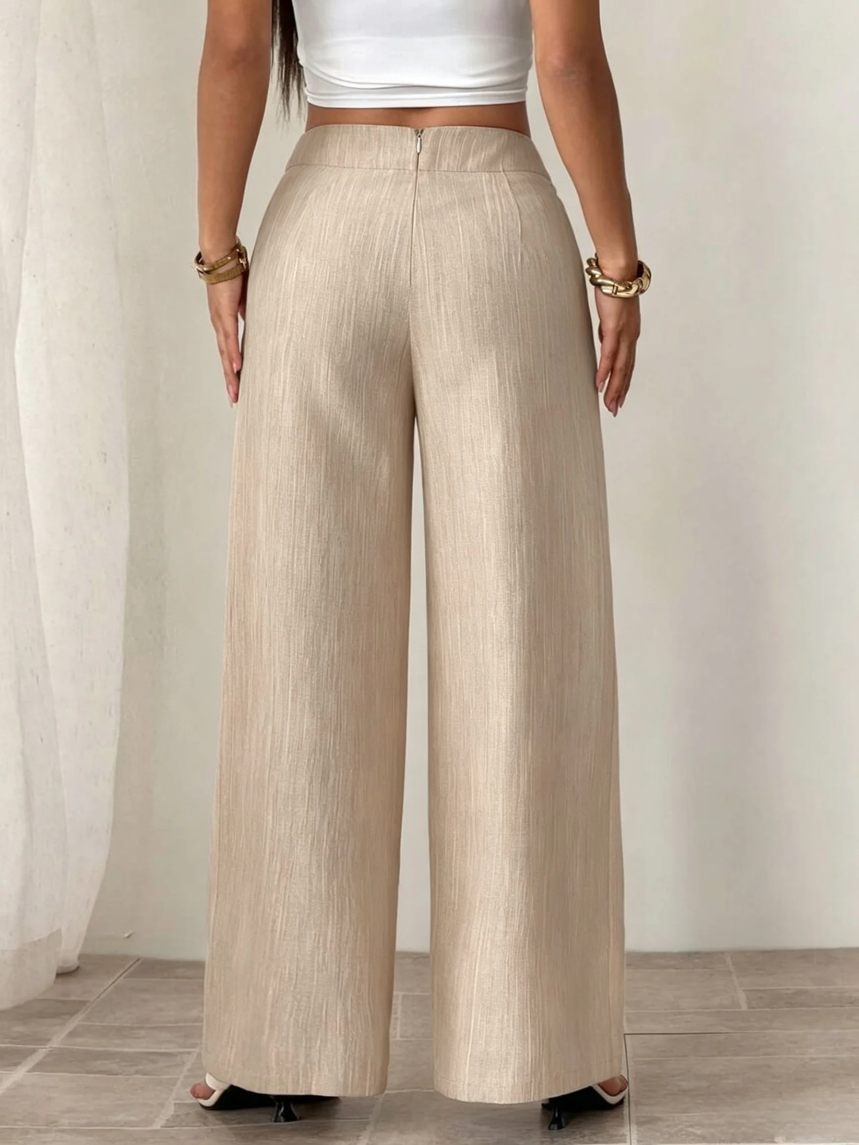 Damenhose mit hohem Bund, strukturiert, weites Bein, elastischem Bund, locker geschnitten, lässige Hose – Detail 3