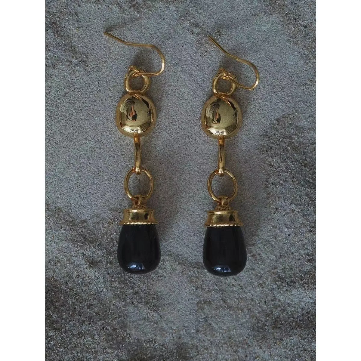 

Original Designer Antique Egypt Jewelry Replica 14K Gold Filled Black Agate Geometric Ear Hook Dangle Drop Long Earrings Jewelry