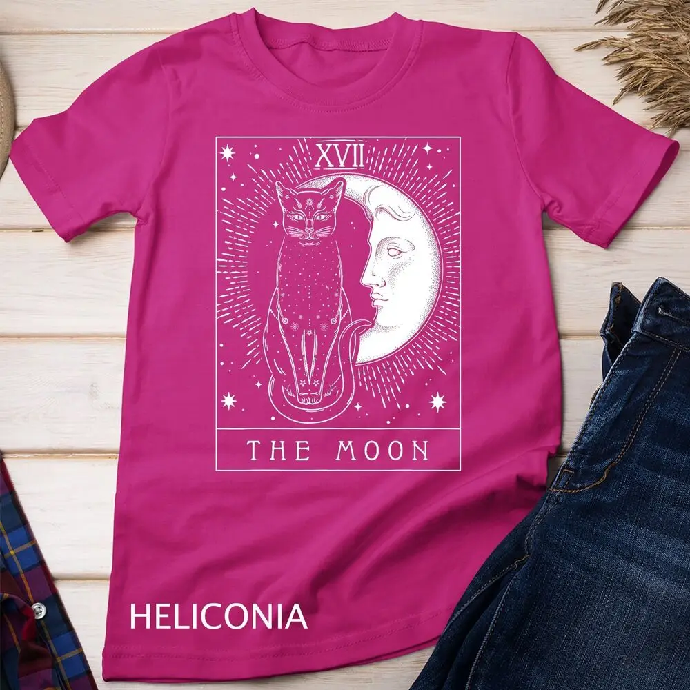 Unisex Tarot cartão t-shirt, lua crescente e gráfico do gato