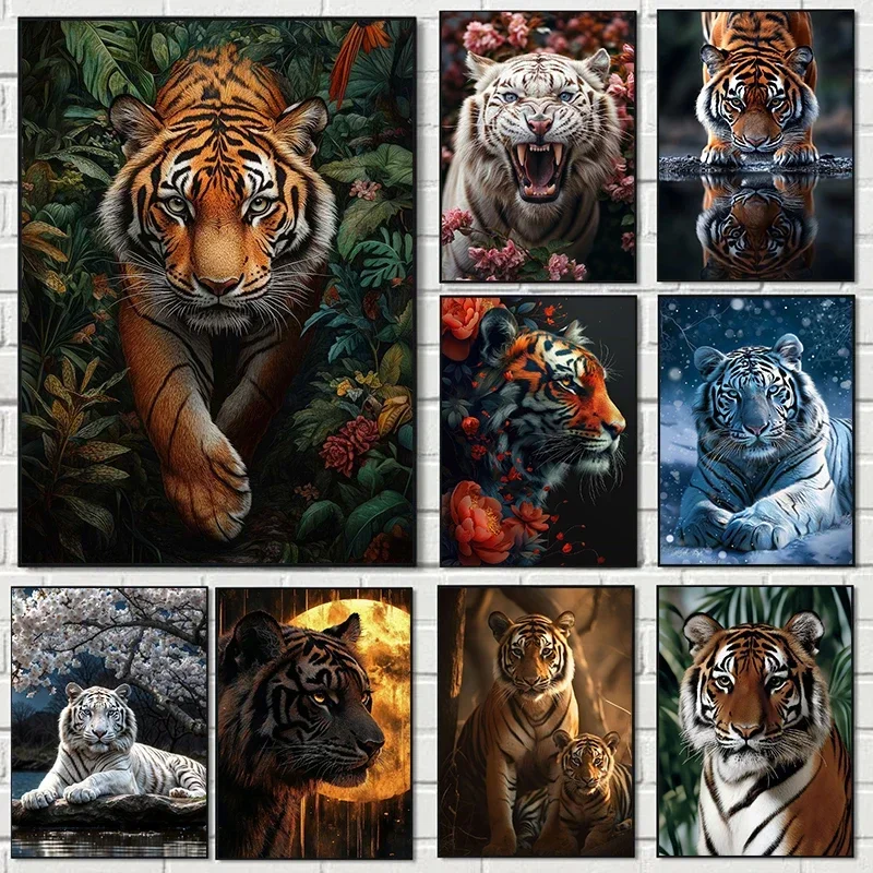 1pc frameless Canvas Painting (2D canvas painting)  Tropical Plants Flowers Forest The King Tiger Animal Minimalist Aesthetics C