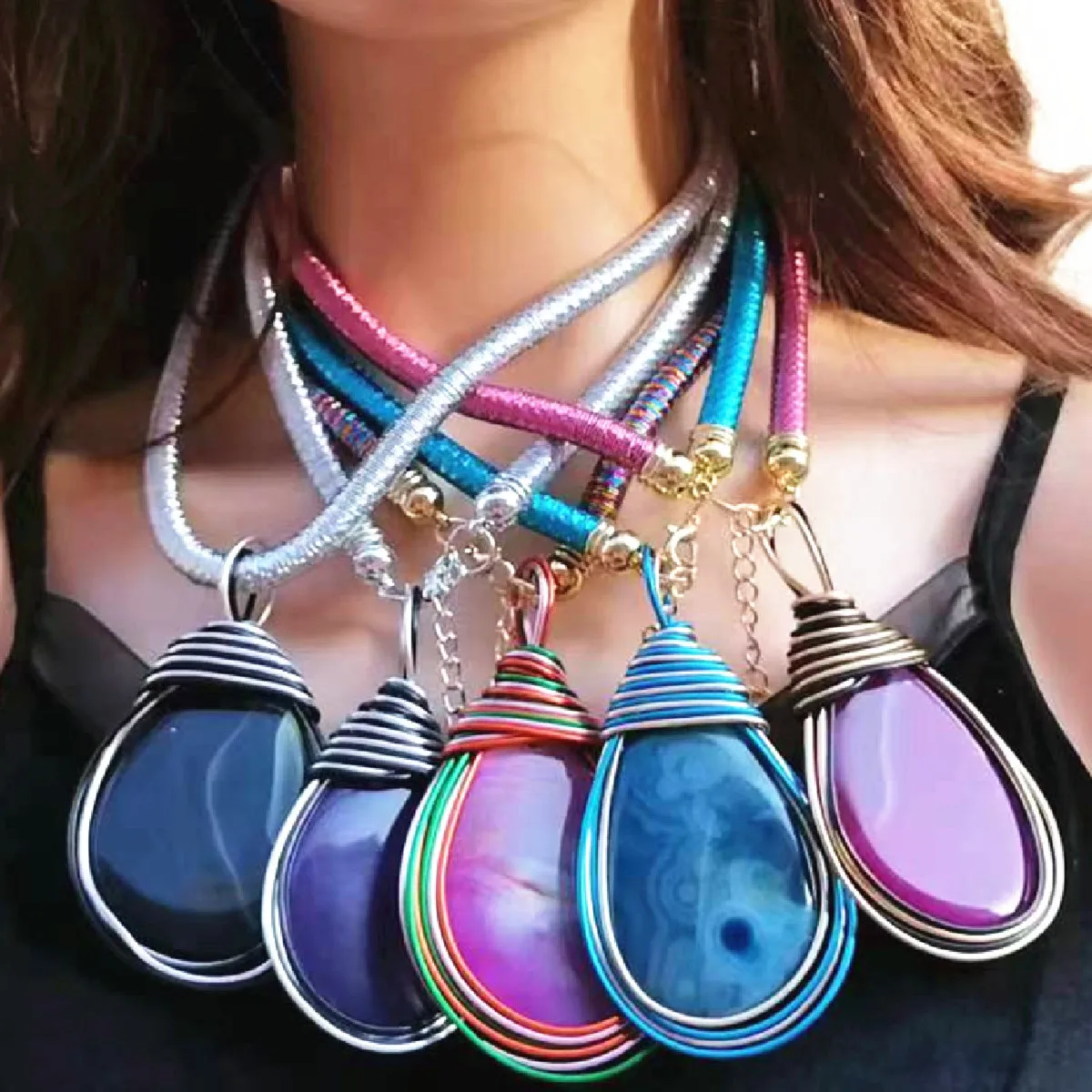 Big Natural Stone Green Purple Black Blue Orange Pendant Handmade Trendy Neon Women Fashion Summer Necklaces Jewelry