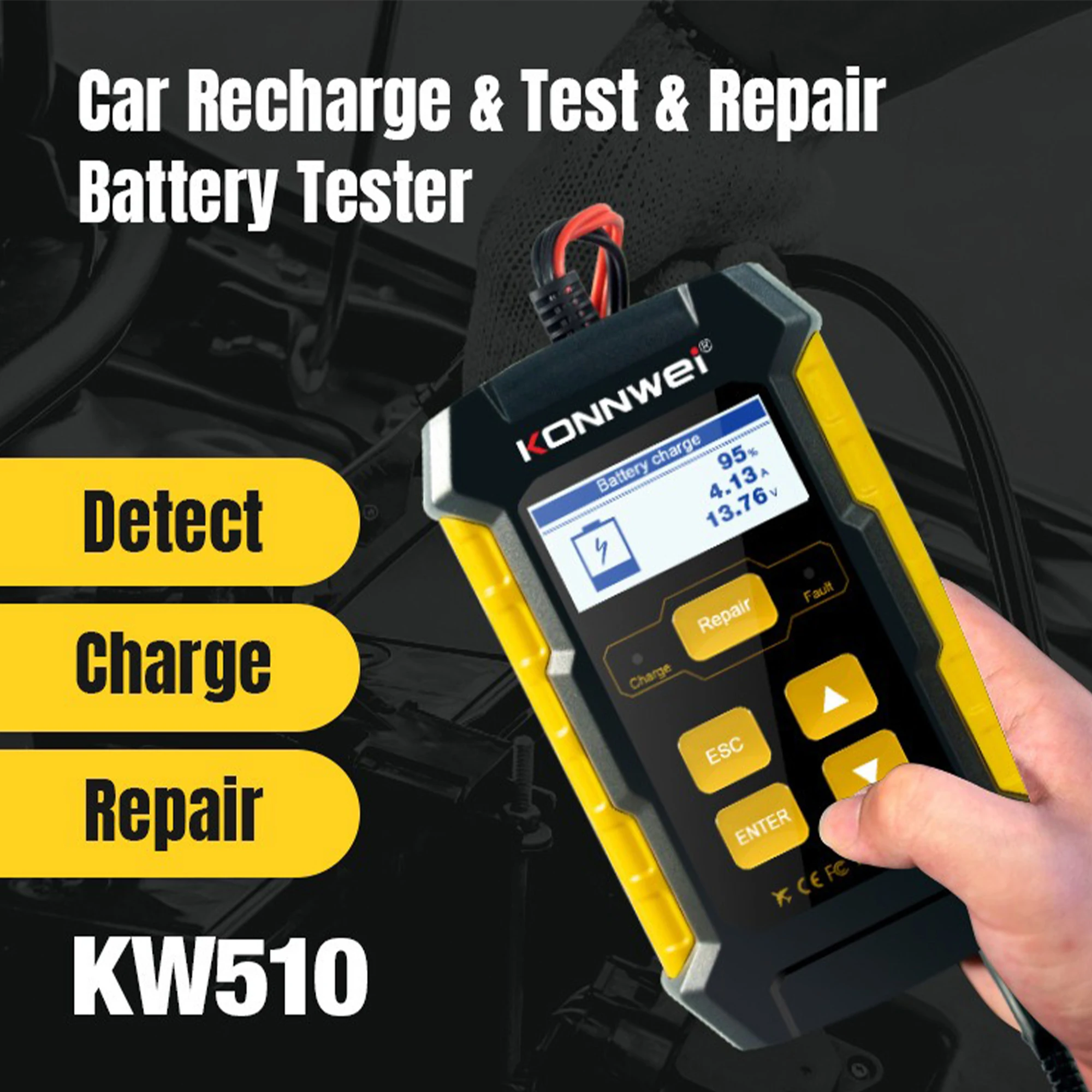 KONNWEI KW510 Battery Tester,3in1 Car Battery Charger,Automotive Pulse Maintenance Device,Drip Flow Charger Battery Desulfurizer