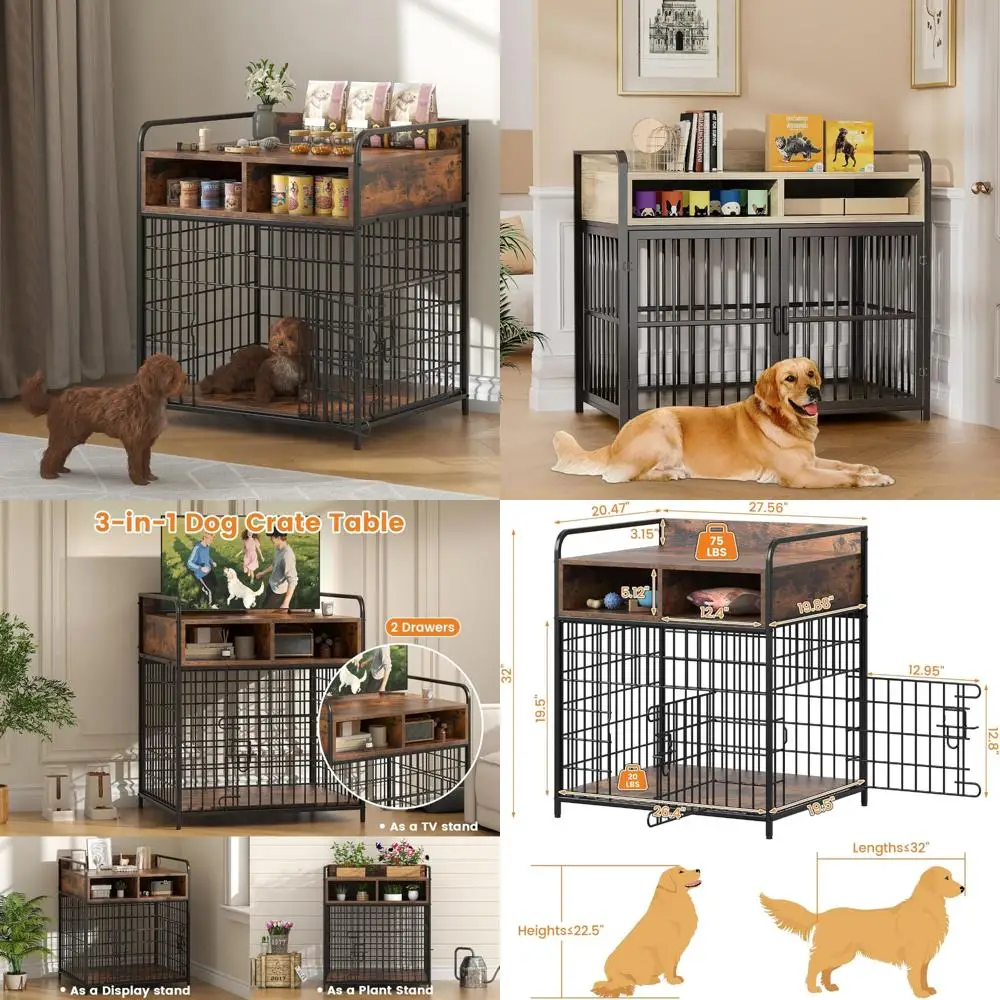 

Heavy-Duty Wooden Dog Crate with Storage Drawers, Indoor Puppy Kennel featuring Double Doors and Durable Construction