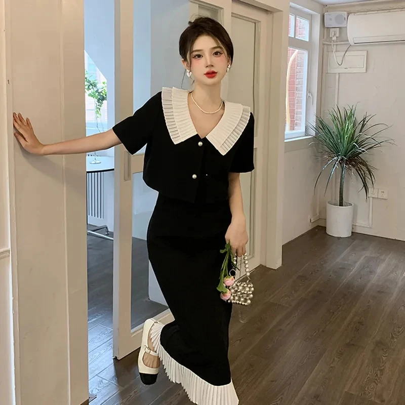 Summer Elegant Women Skirt Sets Retro Office Lady Outifits Puff Sleeve Black Top Skirts Set Korean Fashion Sweet Hepburn Suit