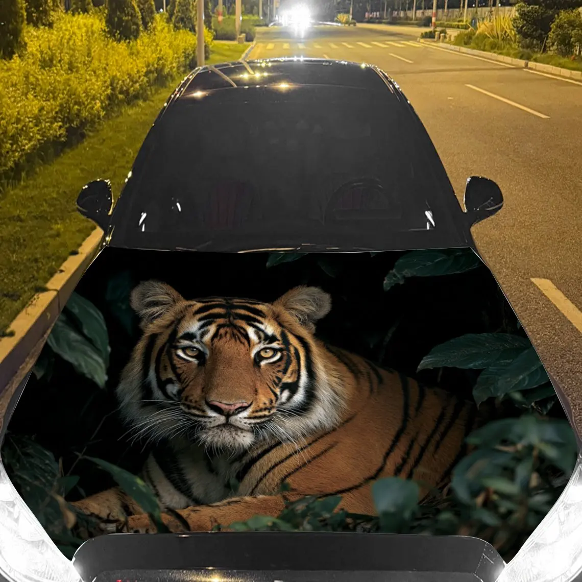 Car Decals Tiger Lurking in Dense Jungle Car Hood Sticker, Waterproof Self - Adhesive Vinyl Graphics Decals, Decorative Protecti