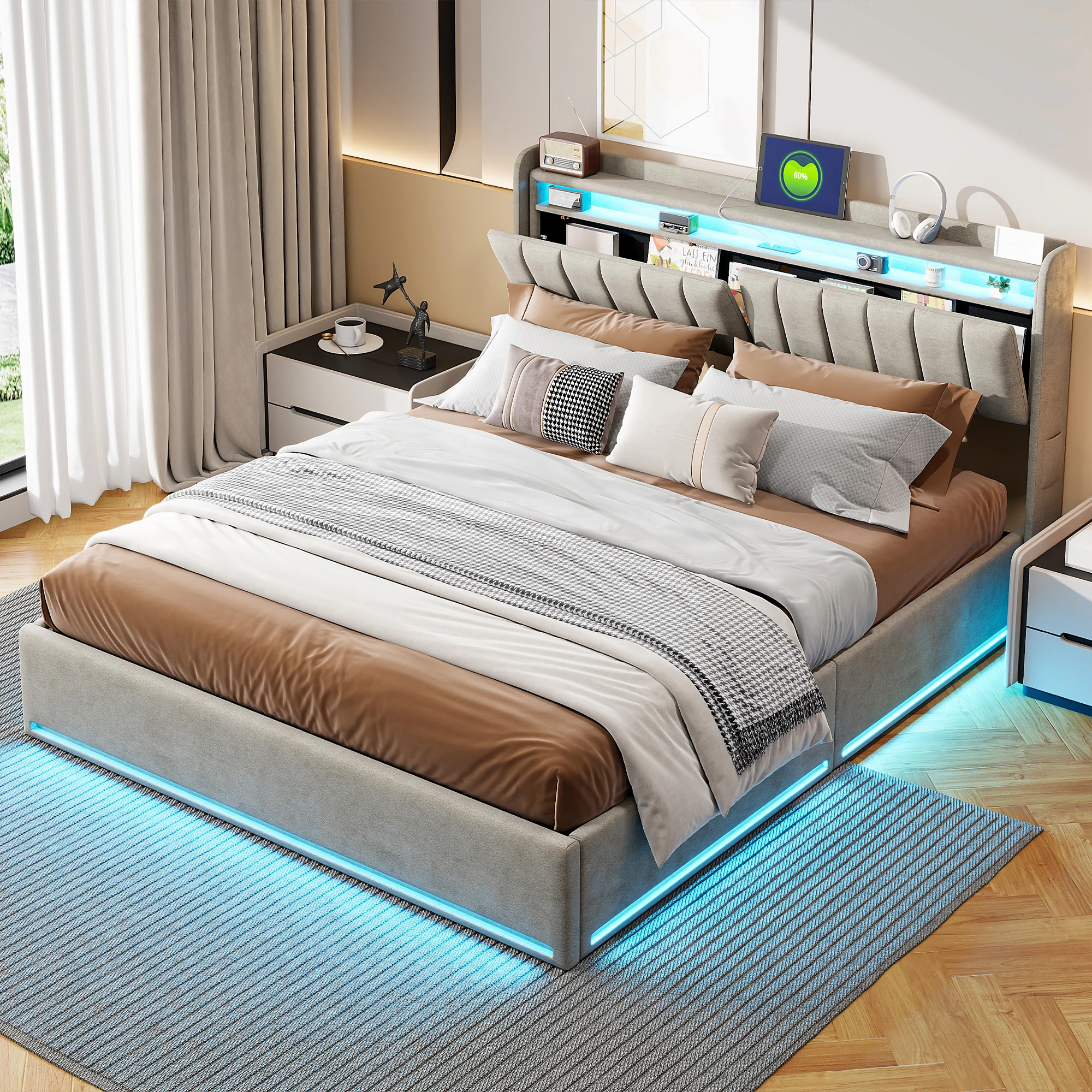 Anajqaqia Lit capitonné LED 140×200 cm, lit double hydraulique avec tête de lit de rangement et sommier à lattes, chargement USB, velours