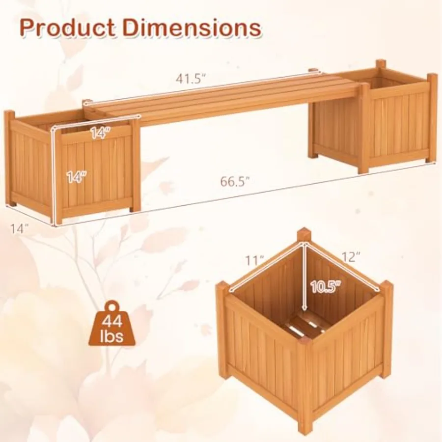 Planter Box Bench Outdoor, Wood Patio Bench with 2 Wood Planter Boxes, Raised Plant Container Garden Bench for Outdoor, Patio,